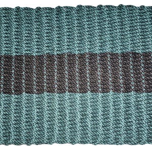 May include: A rectangular doormat constructed from thick, braided rope. The mat features a horizontal design with a wide, dark brown stripe running through the center, flanked by two wider sections of light teal rope on the top and bottom edges.