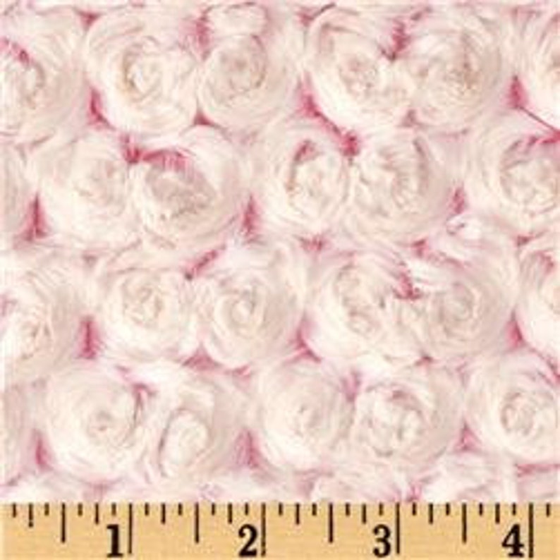 May include: White faux fur fabric with a pink background. The fabric is textured with small, raised rosettes.