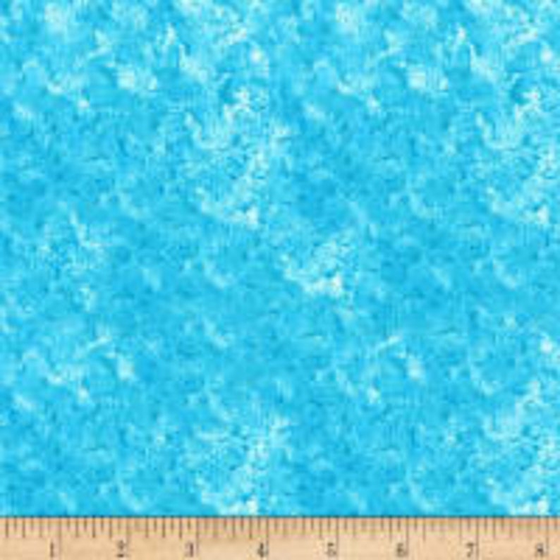 May include: A turquoise blue fabric with a white and light blue abstract pattern. The pattern resembles a swirling, organic design.