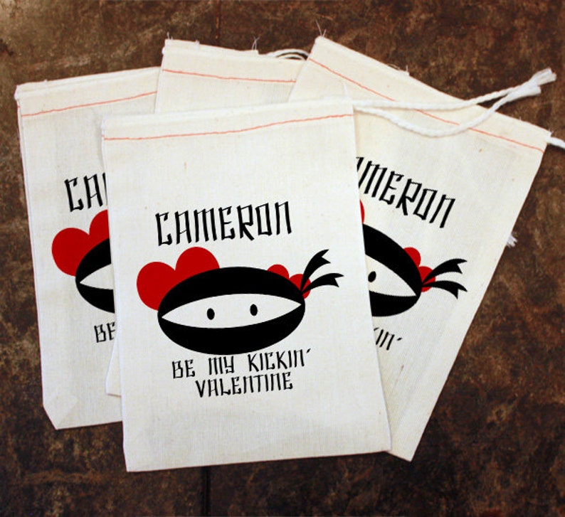 Boys Valentines Card Replacement Teacher Candy Bags Valentine Gift Holder Boys Ninja Favor Bags White Cloth Bag Kids School Party Gift