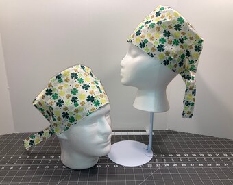 Small or Medium Surgical Cap with Buttons, Shamrocks on White