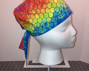 Extra Small and Shorter sides Surgical Cap with Buttons.  Multi Colored Honeycomb
