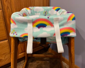 Restaurant Highchair Seat Cover, Bright Rainbow with teal blue backing