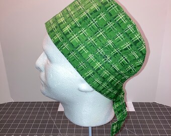 Extra Small with Short sides Surgical Cap with Buttons.  Leprechaun Green Plaid