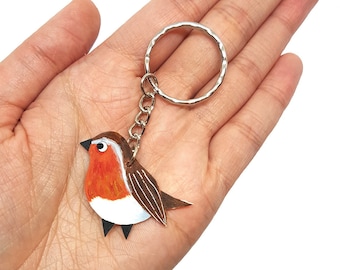 Porte-clés Robin Bird | Peint à la main | Porte-clés | Illustration de rouge-gorge