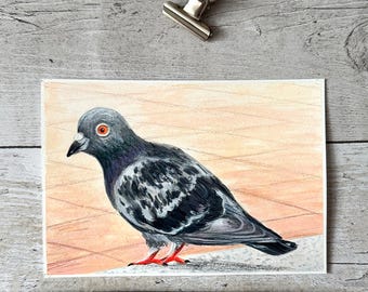 Fat Smoking Pigeon. Quirky Hand Painted Art. British Bird Lovers