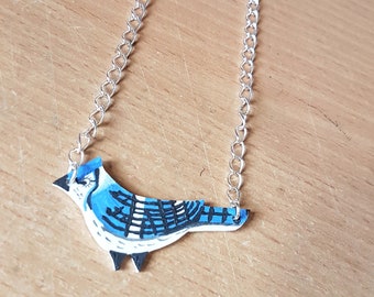 Blue Jay Necklace, Handmade, Jewellery, Bird, Wearable Art, Shrink Plastic, jewelry, for her, bird lovers, girl, woman