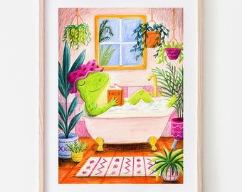 Summer Frog Bath Art Print | Signed A4 Print