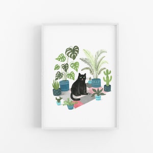 Black Cat Print Black cat illustration Plant Cat Black Cat Gift Wall Art Cat lovers image 3