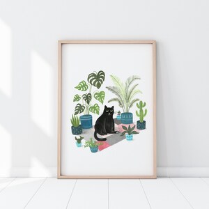 Black Cat Print Black cat illustration Plant Cat Black Cat Gift Wall Art Cat lovers image 2