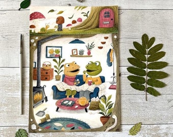Original Frog and Toad painting | Gouache painting | Autumn | Cosy art | Original painting