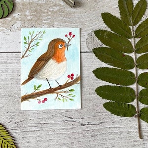 ACEO originale / Uccello pettirosso / Dipinto ad acquerello / Illustrazione a guazzo / Amante degli uccelli / Uccello primaverile / Dipinto in miniatura