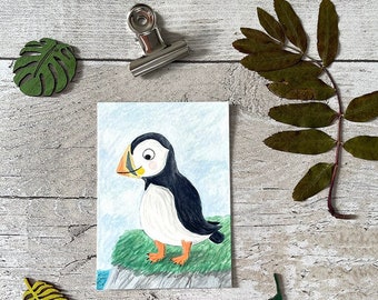 Puffin | Original ACEO | Watercolour painting | Gouache illustration | Animal | Small scottish bird | Bird lovers | Small painting