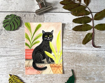 ACEO d'origine | Chat noir | Aquarelle | Illustration de gouache | Animaux | Propriétaire d'animal de compagnie | Amateurs de plantes | peinture miniature