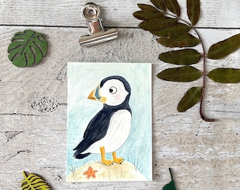 ACEO d'origine | Macareux moine | Aquarelle | Illustration de gouache | Animaux | Petit oiseau | Oiseau écossais | peinture miniature