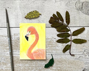 ACEO d'origine | Flamant rose | Aquarelle | Illustration de gouache | Grand oiseau | Oiseau rose | Amateurs d'oiseaux | peinture miniature