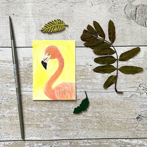 ACEO originale / Fenicottero / Acquerello / Illustrazione a guazzo / Uccello alto / Uccello rosa / Amanti degli uccelli / Pittura in miniatura