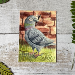 Dipinto di piccione in miniatura / Acquerello / Illustrazione a guazzo / Amante degli uccelli / Piccione di fantasia / Dipinto in miniatura