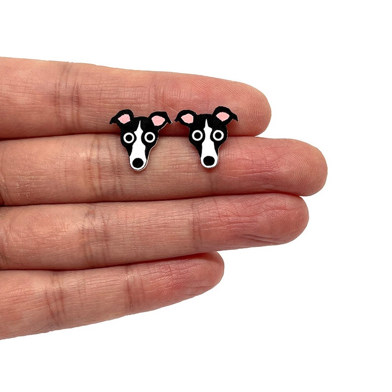 Small Whippet Earrings Hand Painted Black and white Whippet Jewellery Jewelry Dog Gift Greyhound image 2