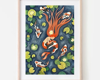 Mermaid print | Mythical Art Print | Garden Pond | Garden Gift | Mermaid Decor | Mythical Wall Art