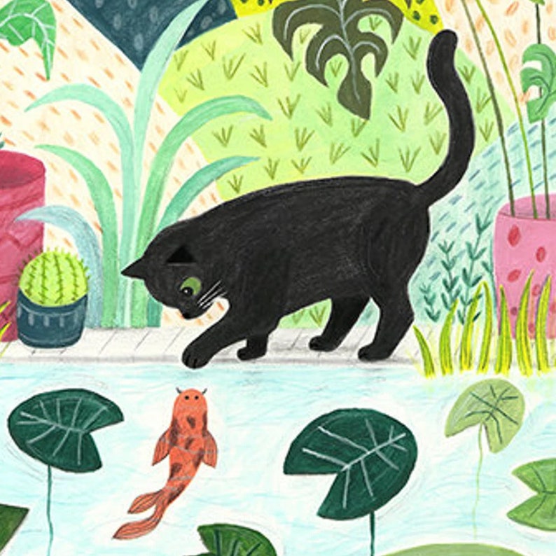 Cat Print Black Cat Art Cat Gift Garden Wall Art Cat lovers Cat Illustration image 5