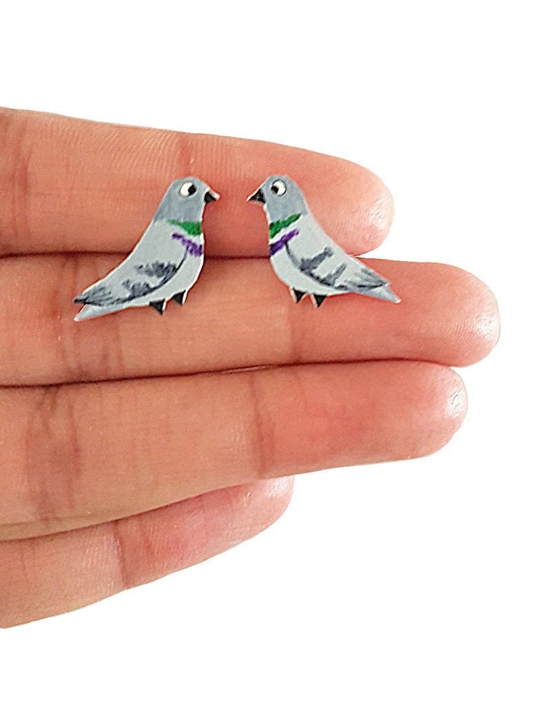 Pigeon Earrings Handpainted Studs Jewellery Jewelry girl Bird Pigeon lovers Hypoallergenic image 1