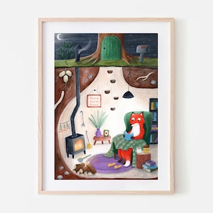 Fox Art print | Cosy Fox | Animal Art Print | Fox Lovers | Book Lovers | Nursery Decor | Wall Art