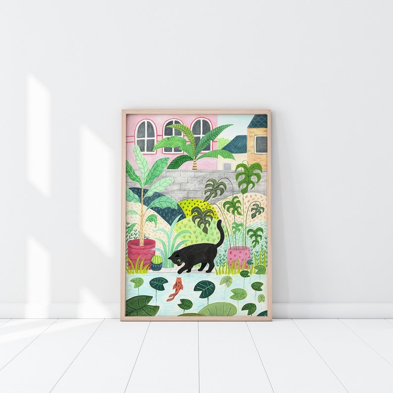 Cat Print Black Cat Art Cat Gift Garden Wall Art Cat lovers Cat Illustration image 2