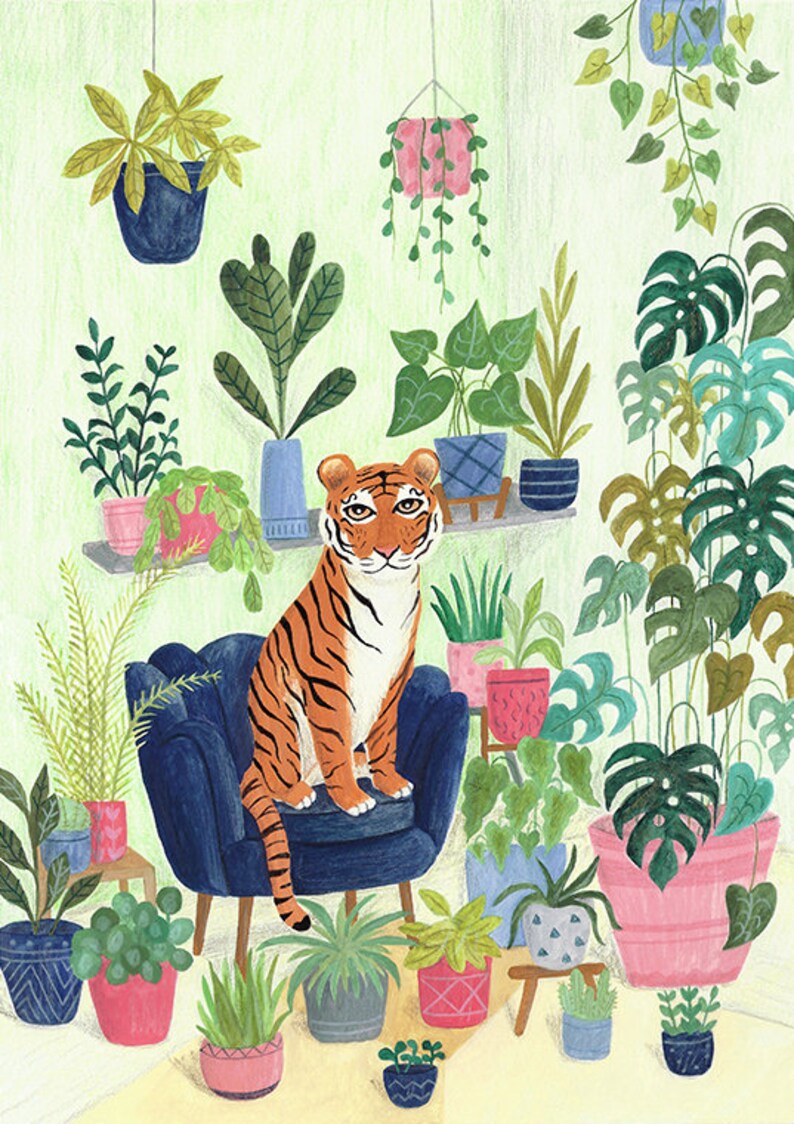Tiger Print Botanical print Animal print Relaxing Wall decor Tropical Tiger art Plant lovers zdjęcie 5
