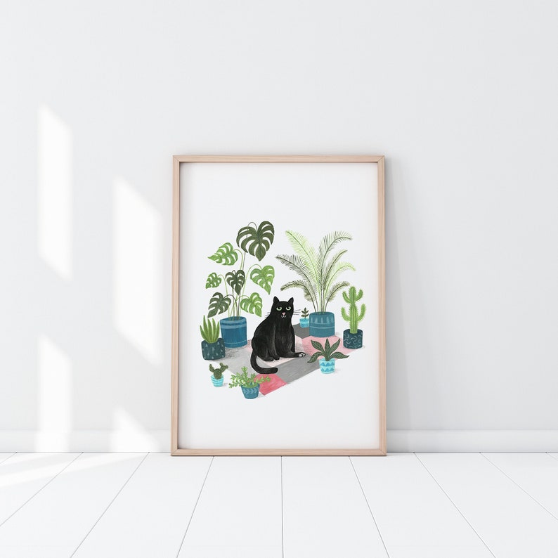 Black Cat Print Black cat illustration Plant Cat Black Cat Gift Wall Art Cat lovers image 2