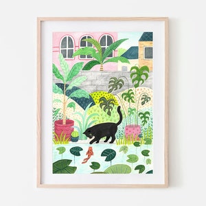Cat Print | Black Cat Art | Cat Gift | Garden | Wall Art | Cat lovers | Cat Illustration