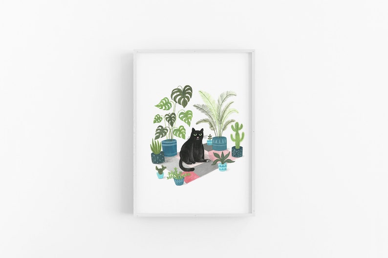 Black Cat Print Black cat illustration Plant Cat Black Cat Gift Wall Art Cat lovers image 3