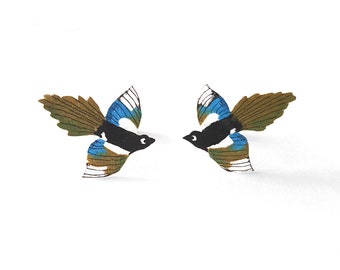 Magpie earrings | Hand coloured | Magpie Studs | Magpie jewellery | Jewelry | Jewelry | Bird Jewelry | Hypoallergenic
