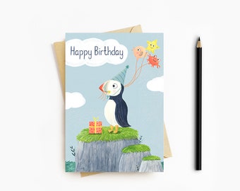 d'anniversaire macareux | Carte vierge | Amoureux des oiseaux | Carte mignonne | Carte de voeux | de fête | EXPÉDITION LE MÊME JOUR