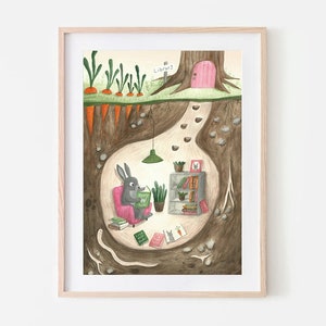 Hasendruck | Kunstdruck | Hasenliebhaber | Buchliebhaber | Kinderzimmer Dekor | Wandkunst