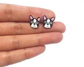 Petites boucles d'oreilles bouledogue français | Peint à la main | Bijoux | Bijoux | Amoureux des chiens | Cadeau bouledogue