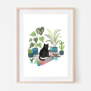 Black Cat Print Black cat illustration Plant Cat Black Cat Gift Wall Art Cat lovers image 1