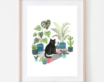 Black Cat Print | Black cat illustration | Plant Cat | Black Cat Gift | Wall Art | Cat lovers