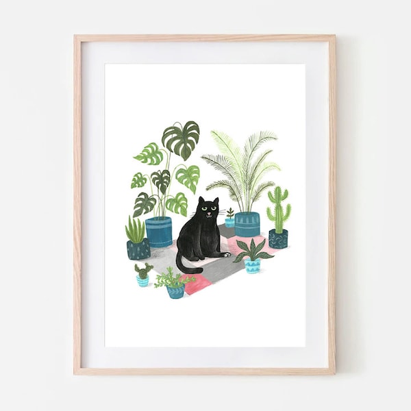 Black Cat Print | Black cat illustration | Plant Cat | Black Cat Gift | Wall Art | Cat lovers