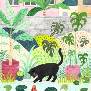 Cat Print Black Cat Art Cat Gift Garden Wall Art Cat lovers Cat Illustration image 6