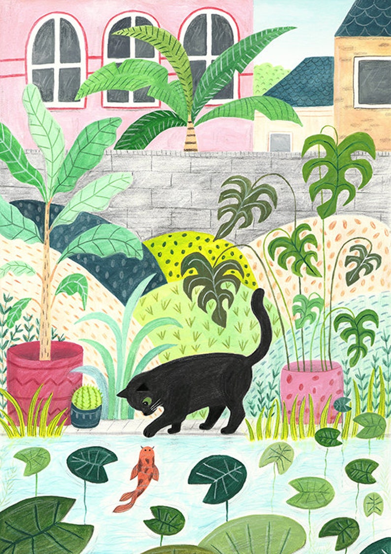 Cat Print Black Cat Art Cat Gift Garden Wall Art Cat lovers Cat Illustration image 6