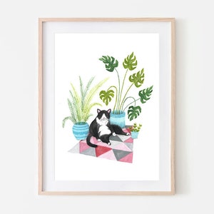 Cat Print | Tuxedo Cat | Cat illustration | Plant Cat | Plant Art | Wall Art | Plant Lovers