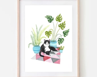 Cat Print | Tuxedo Cat | Cat illustration | Plant Cat | Plant Art | Wall Art | Plant Lovers