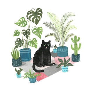 Black Cat Print Black cat illustration Plant Cat Black Cat Gift Wall Art Cat lovers image 5