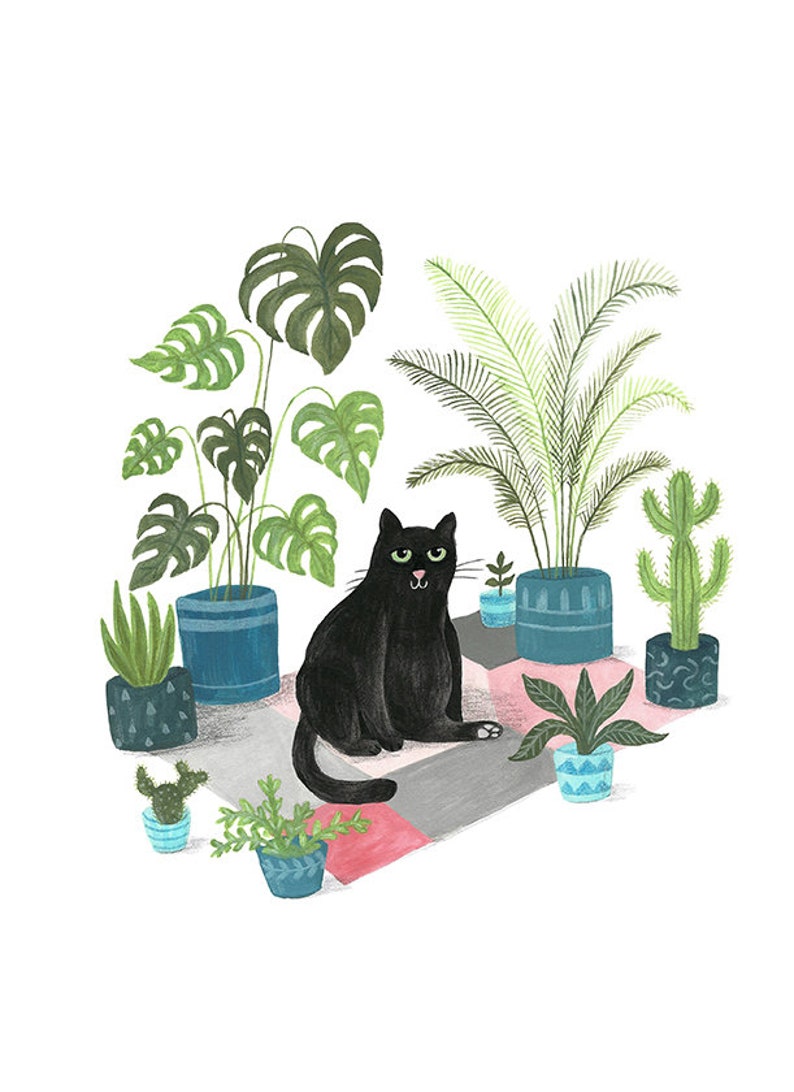 Black Cat Print Black cat illustration Plant Cat Black Cat Gift Wall Art Cat lovers image 5