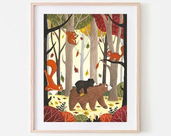 Imprimé ours | Forêt d'automne | Art mural pour enfants | Décoration de chambre d'enfant | Illustration de l'ours