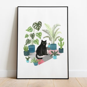 Black Cat Print Black cat illustration Plant Cat Black Cat Gift Wall Art Cat lovers image 4