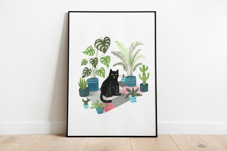 Black Cat Print Black cat illustration Plant Cat Black Cat Gift Wall Art Cat lovers image 4