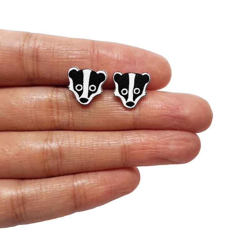 Small Badger Earrings Hand Painted Jewellery Jewelry Wildlife Hypoallergenic Steel image 1
