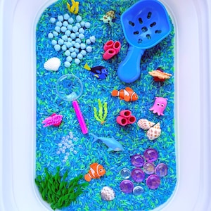 May include: A sensory bin filled with blue and green dyed rice, featuring various ocean-themed toys. Includes toy fish, shells, a blue scoop, and other aquatic elements. The bin is white and rectangular.